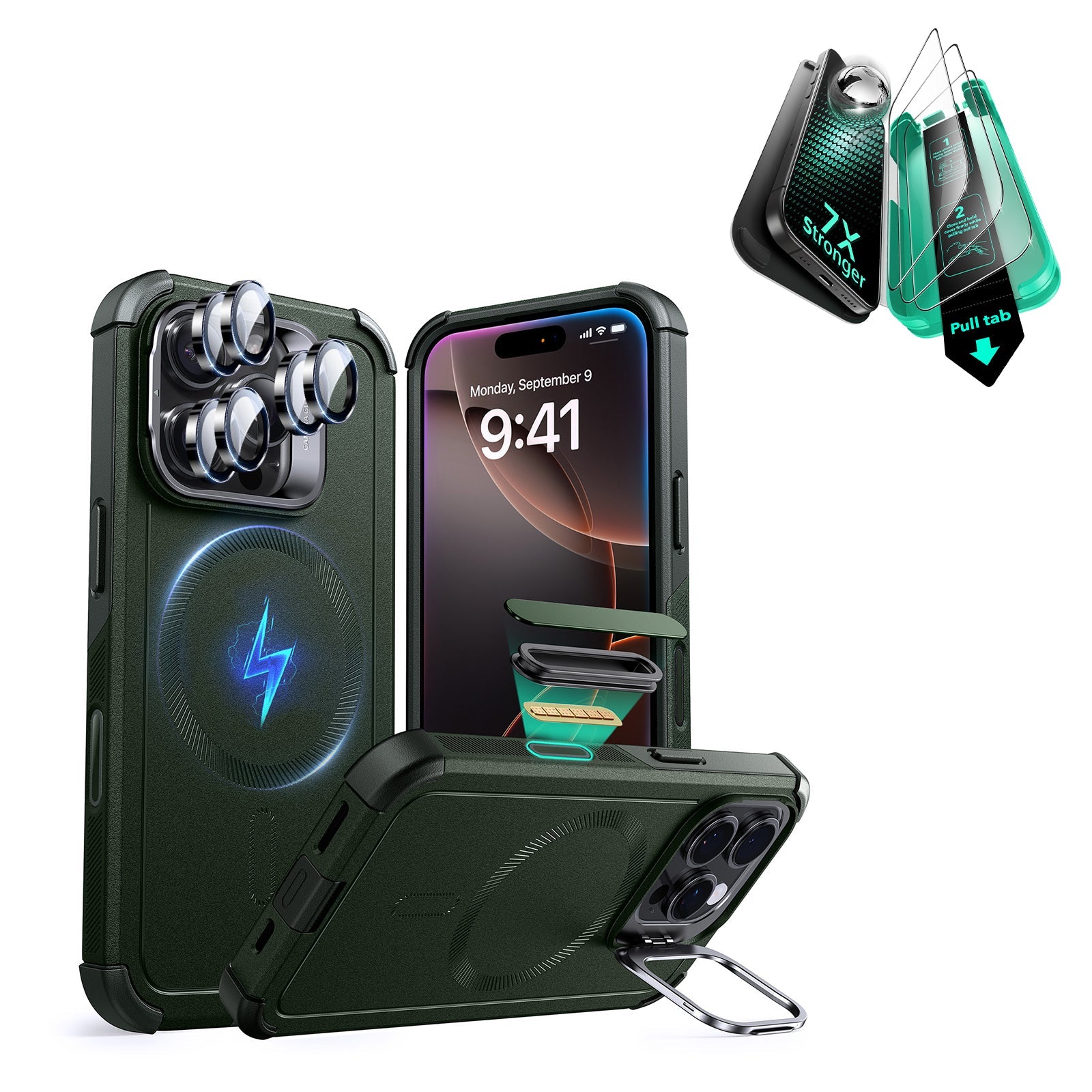 iPhone 16 Pro Max Cyber Tough Magnetic Case Protection Bundle (Camera Control, Stash Stand) - Army Green ESR ESR