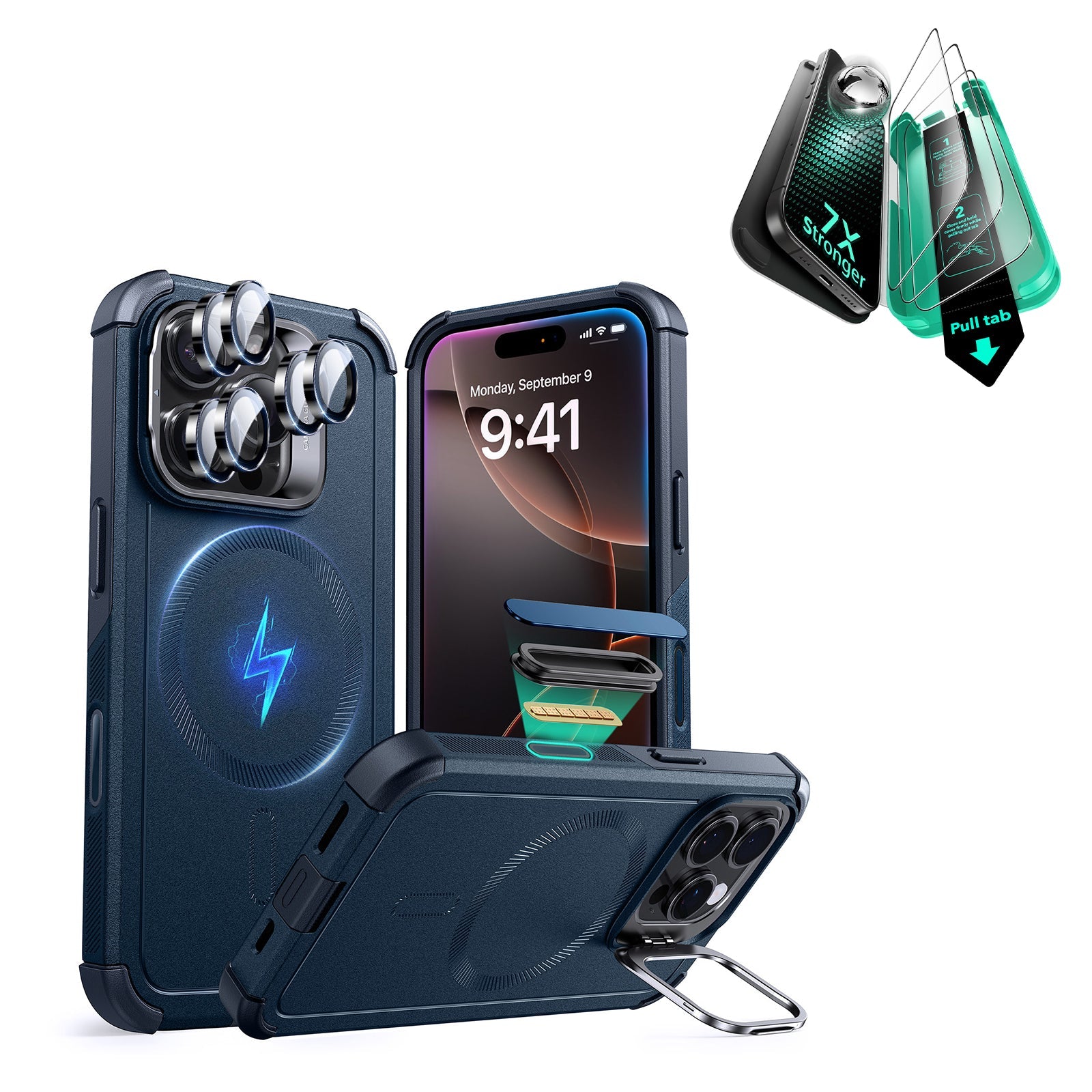 iPhone 16 Pro Max Cyber Tough Magnetic Case Protection Bundle (Camera Control, Stash Stand) - Navy Blue ESR ESR