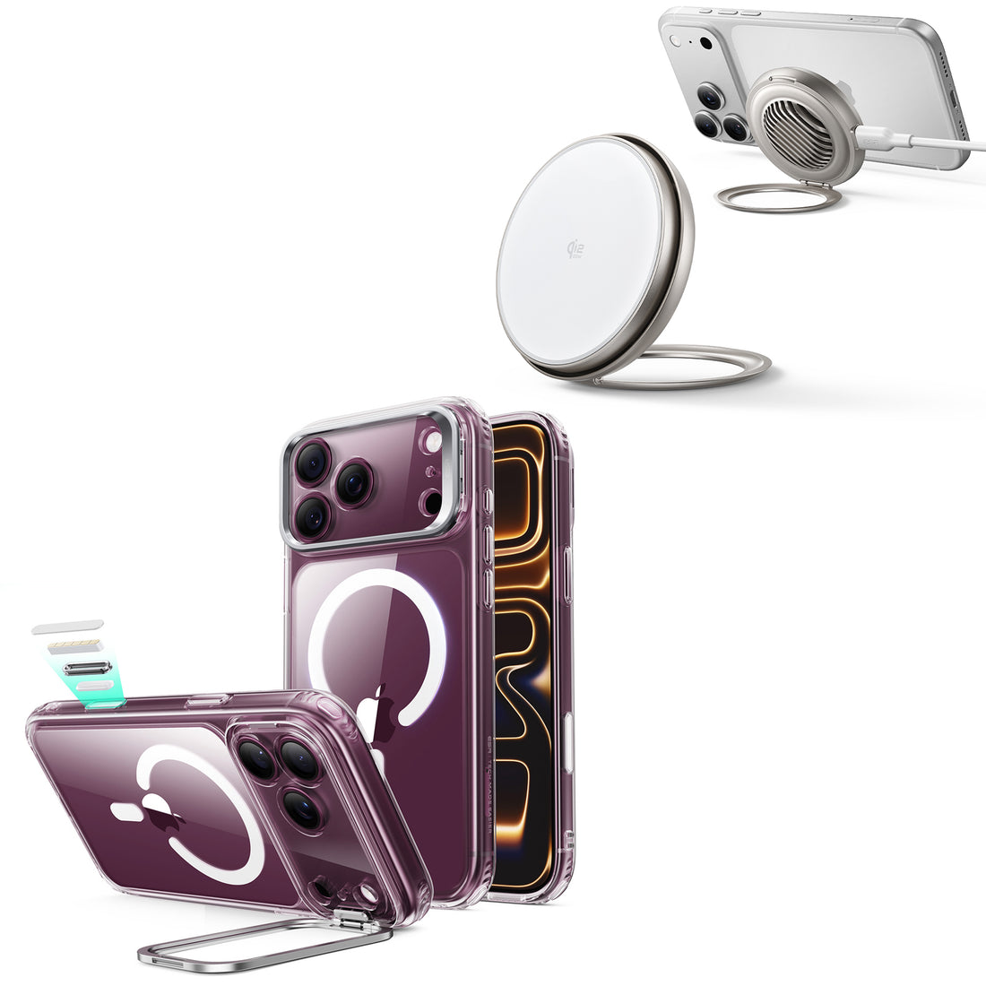 iPhone 18 Pro Classic Hybrid Magnetic Case with Camera Control and Flex Stand, Plus Cyclone 25W Magnetic Charging Pad Bundle - Clear