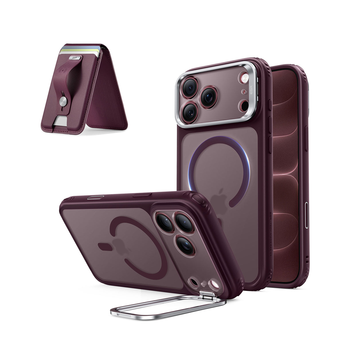 iPhone 18 Pro Classic Hybrid Magnetic Case with Camera Control and Flex Stand, Plus Geo Wallet Stand Bundle - Burgundy
