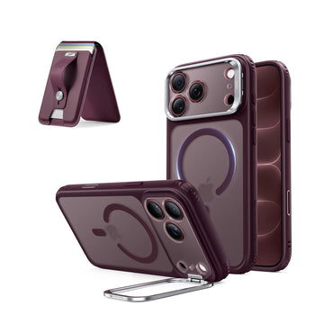 iPhone 18 Pro Classic Hybrid Magnetic Case with Camera Control and Flex Stand, Plus Geo Wallet Stand Bundle - Burgundy