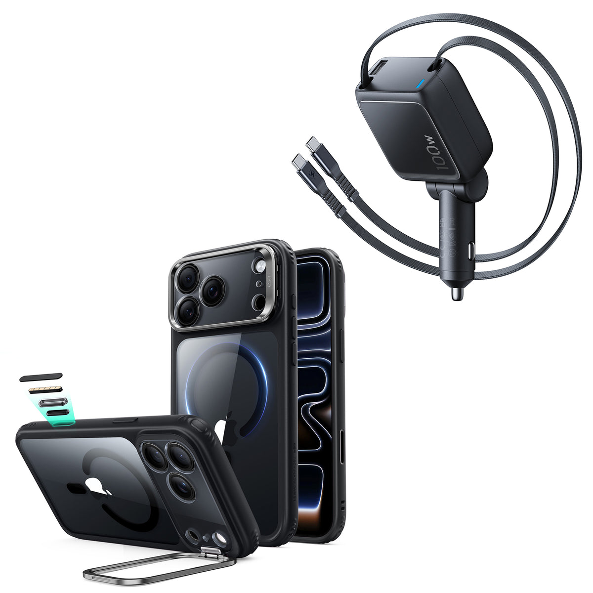 iPhone 18 Pro Classic Hybrid Magnetic Case with Camera Control and Flex Stand, Plus Xtend 100W Retractable Car Charger Bundle - Clear Black