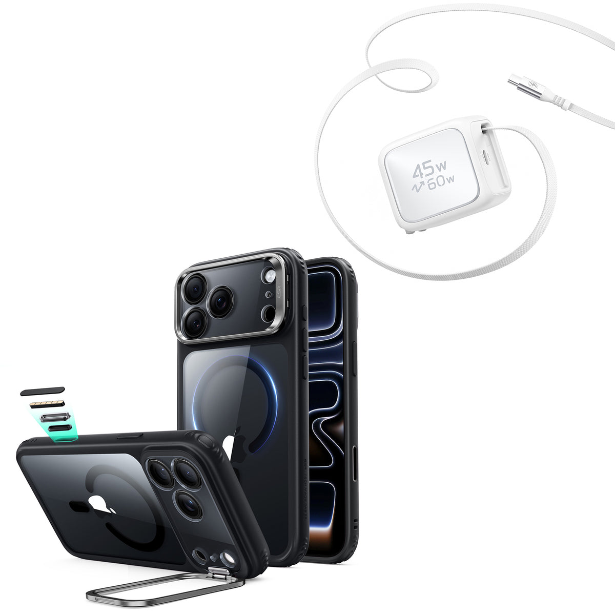 iPhone 18 Pro Classic Hybrid Magnetic Case with Camera Control and Flex Stand, Plus Xtend 45W Retractable Charger Bundle - Clear Black