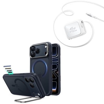iPhone 18 Pro Classic Hybrid Magnetic Case with Camera Control and Flex Stand, Plus Xtend 45W Retractable Charger Bundle - Frosted Blue