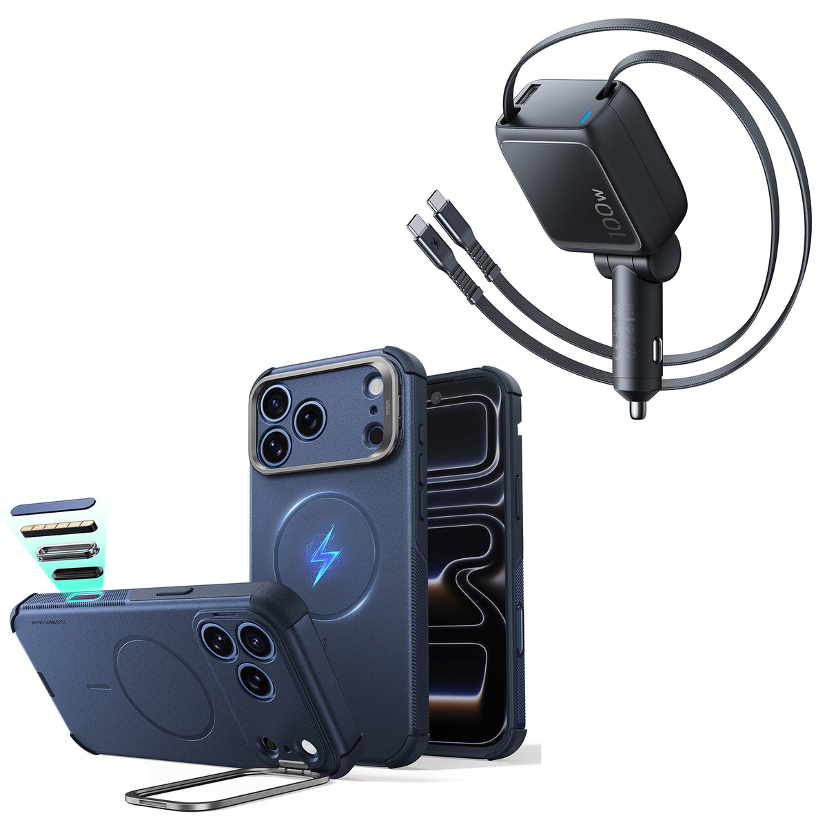 iPhone 18 Pro Cyber Tough Magnetic Case with Camera Control and Flex Stand, Plus Xtend 100W Retractable Car Charger Bundle - Navy Blue