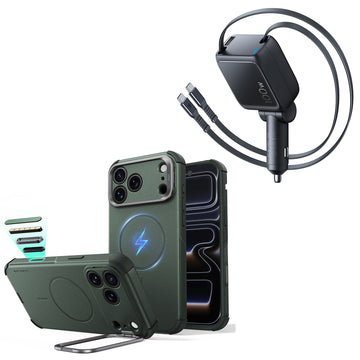 iPhone 18 Pro Cyber Tough Magnetic Case with Camera Control and Flex Stand, Plus Xtend 100W Retractable Car Charger Bundle - Olive Green