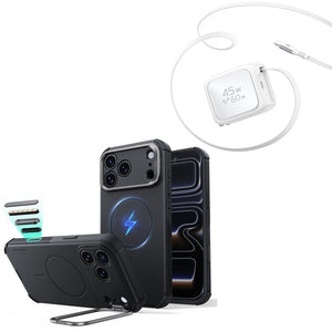iPhone 18 Pro Cyber Tough Magnetic Case with Camera Control and Flex Stand, Plus Xtend 45W Retractable Charger Bundle - Black
