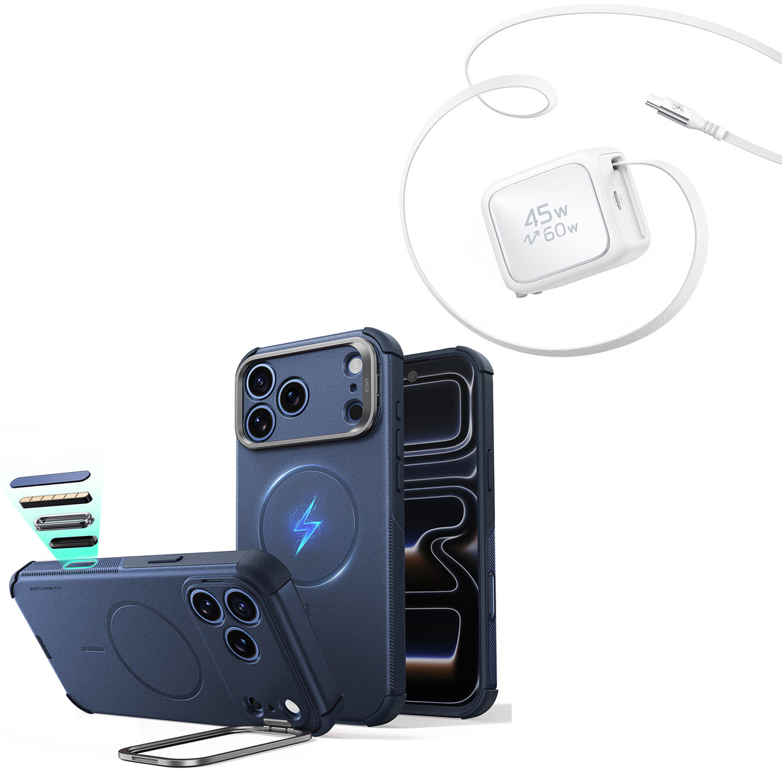 iPhone 18 Pro Cyber Tough Magnetic Case with Camera Control and Flex Stand, Plus Xtend 45W Retractable Charger Bundle - Navy Blue