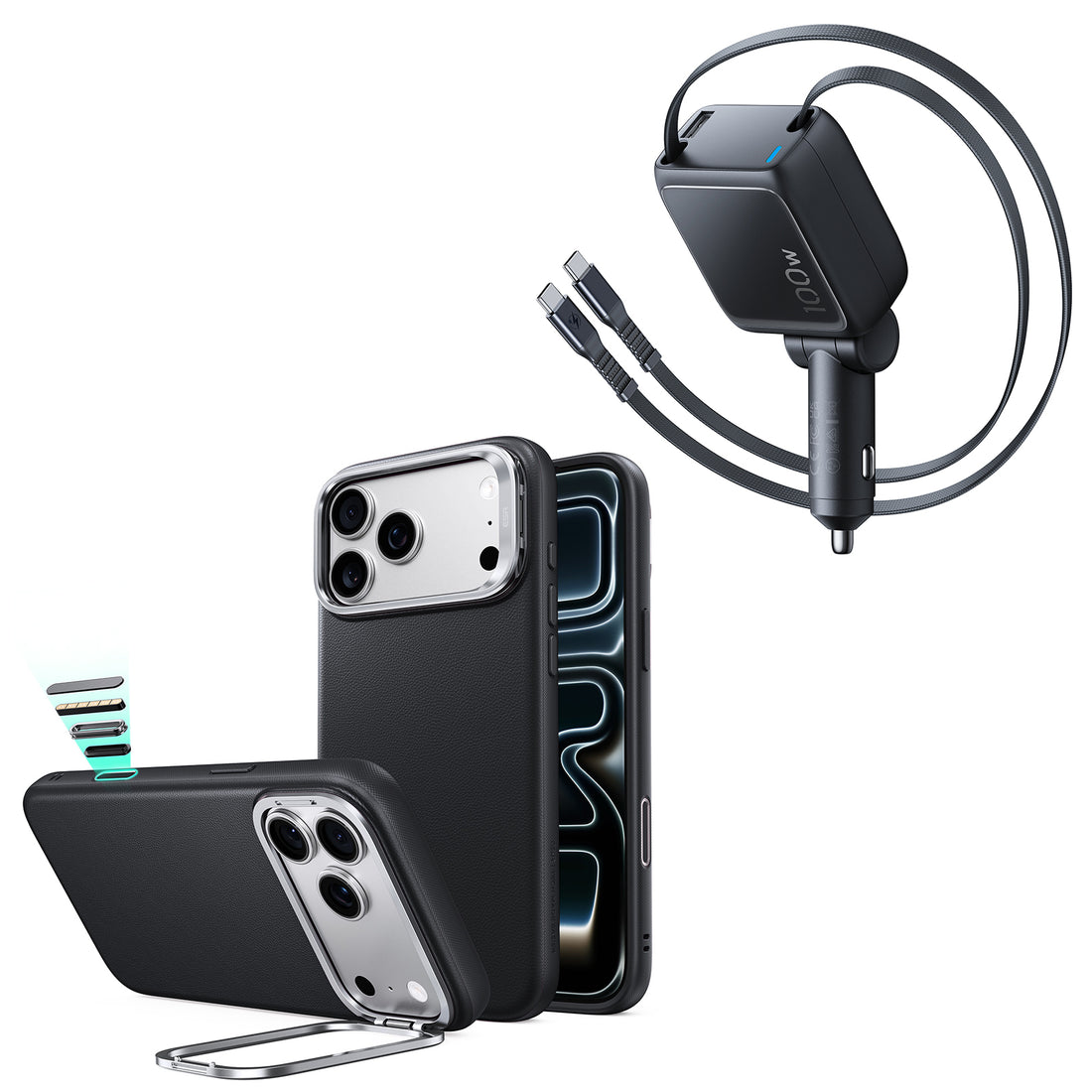 iPhone 18 Pro Max Atelier Vegan Leather Magnetic Case with Camera Control and Flex Stand, Plus Xtend 100W Retractable Car Charger Bundle - Black