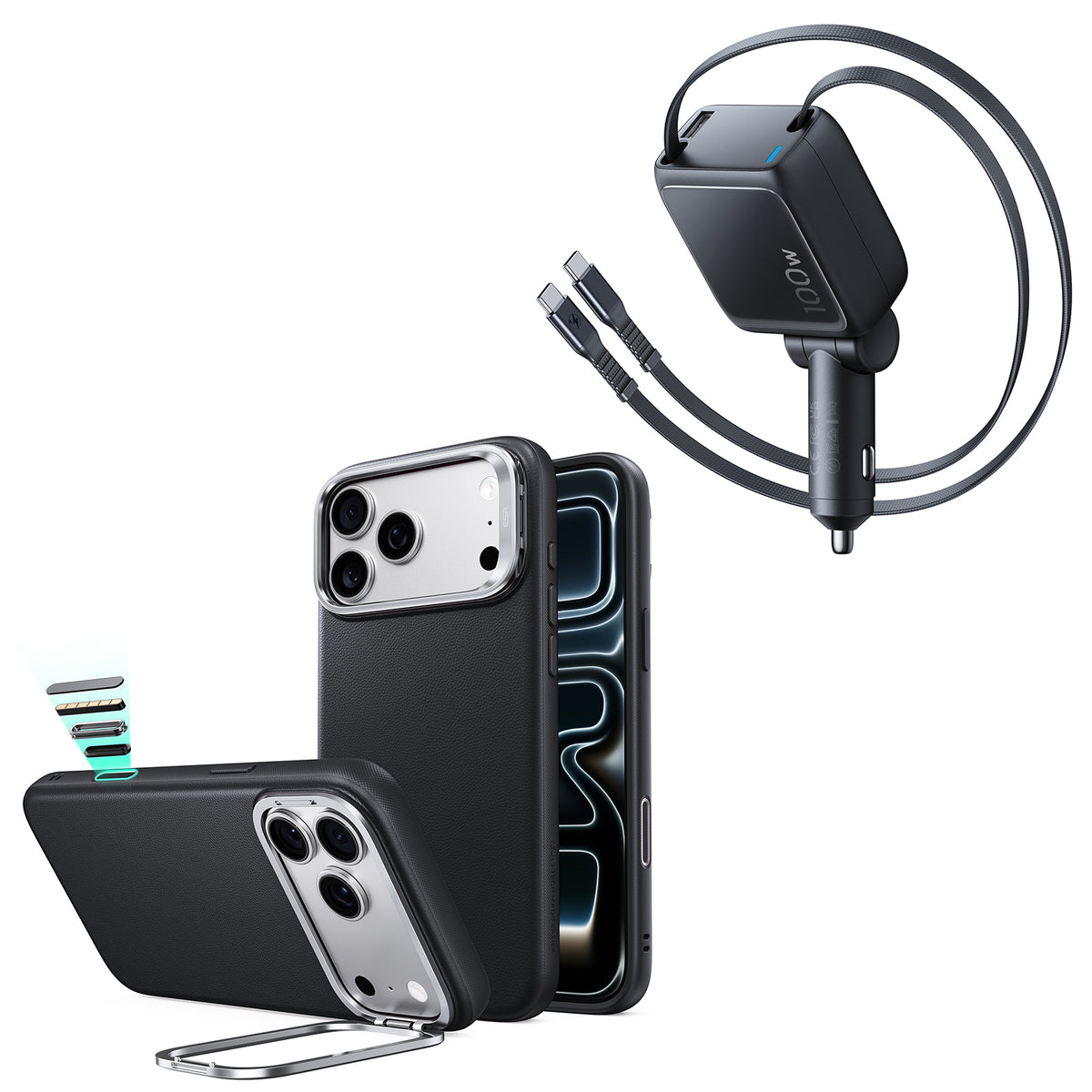 iPhone 18 Pro Max Atelier Vegan Leather Magnetic Case with Camera Control and Flex Stand, Plus Xtend 100W Retractable Car Charger Bundle - Black