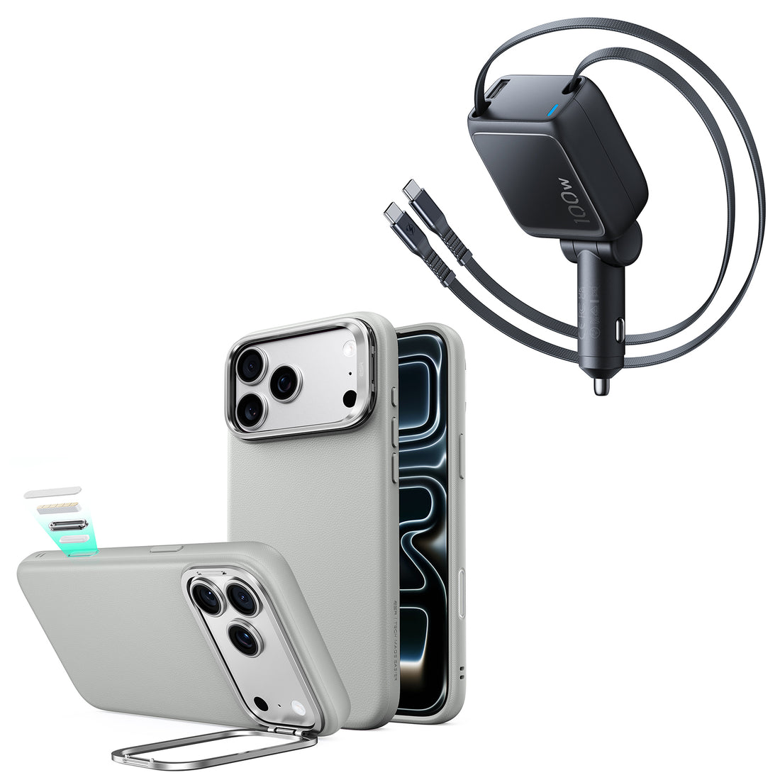 iPhone 18 Pro Max Atelier Vegan Leather Magnetic Case with Camera Control and Flex Stand, Plus Xtend 100W Retractable Car Charger Bundle - Gray