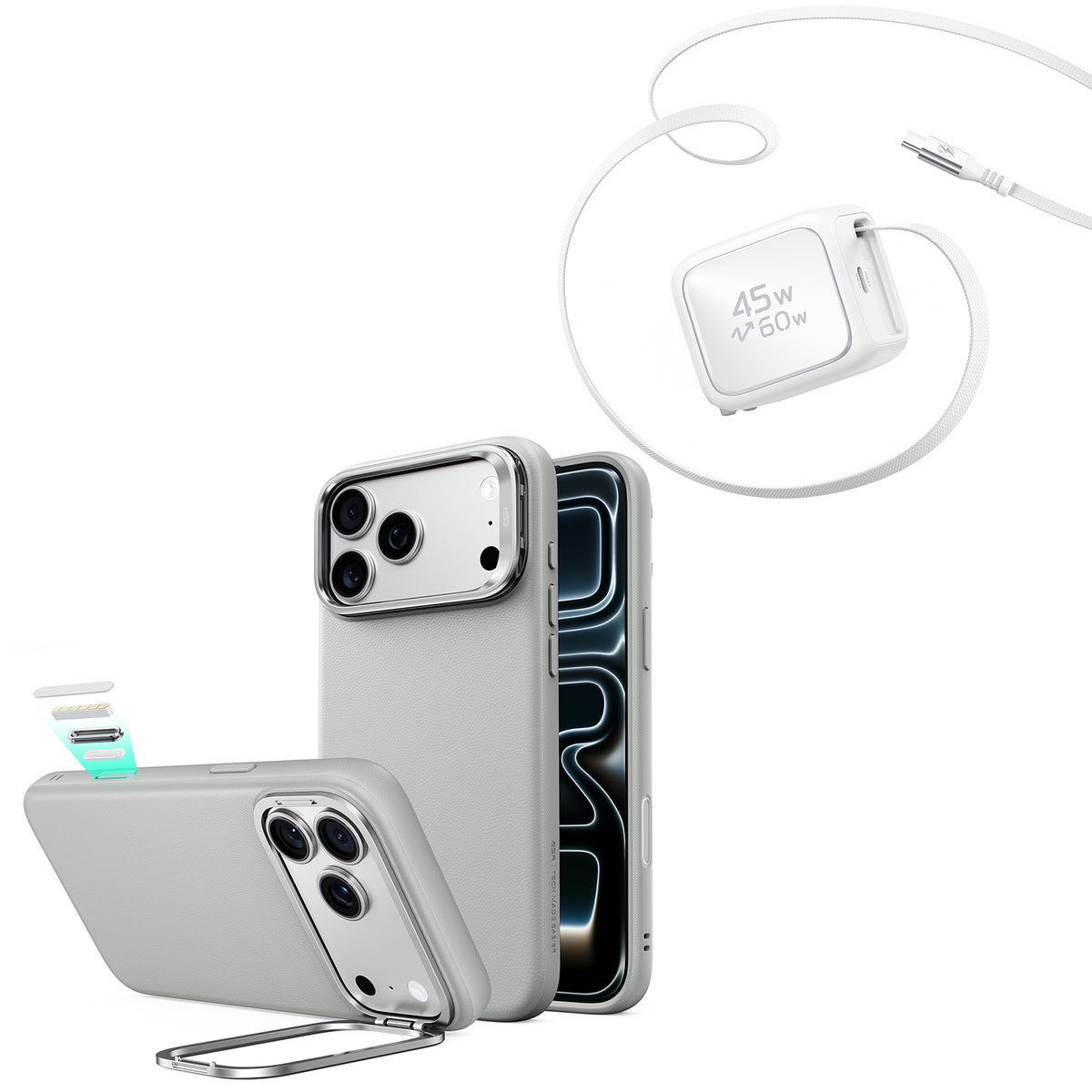 iPhone 18 Pro Max Atelier Vegan Leather Magnetic Case with Camera Control and Flex Stand, Plus Xtend 45W Retractable Charger Bundle - Gray