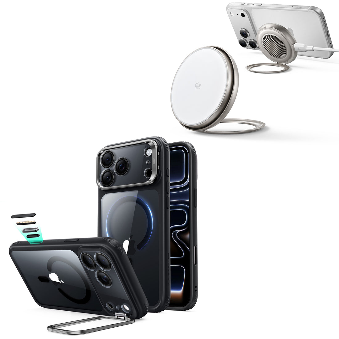 iPhone 18 Pro Max Classic Hybrid Magnetic Case with Camera Control and Flex Stand, Plus Cyclone 25W Magnetic Charging Pad Bundle - Clear Black