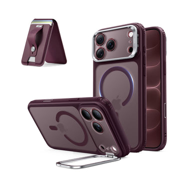 iPhone 18 Pro Max Classic Hybrid Magnetic Case with Camera Control and Flex Stand, Plus Geo Wallet Stand Bundle - Frosted Deep Burgundy