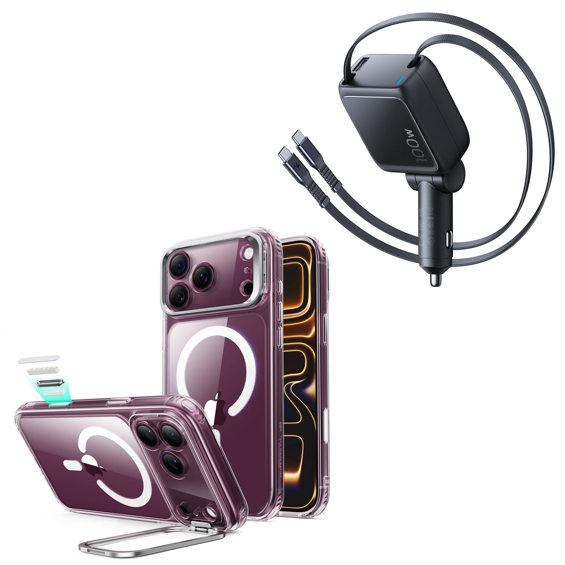 iPhone 18 Pro Max Classic Hybrid Magnetic Case with Camera Control and Flex Stand, Plus Xtend 100W Retractable Car Charger Bundle - Clear