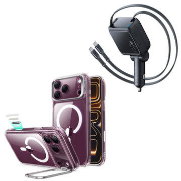 iPhone 18 Pro Max Classic Hybrid Magnetic Case with Camera Control and Flex Stand, Plus Xtend 100W Retractable Car Charger Bundle - Clear