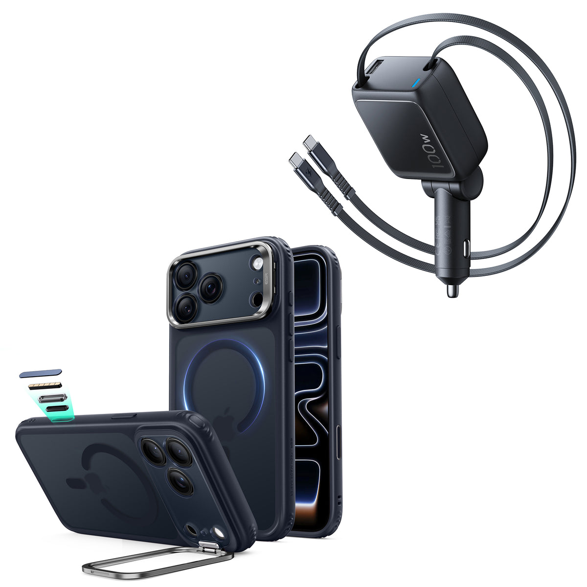 iPhone 18 Pro Max Classic Hybrid Magnetic Case with Camera Control and Flex Stand, Plus Xtend 100W Retractable Car Charger Bundle - Frosted Blue