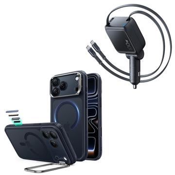 iPhone 18 Pro Max Classic Hybrid Magnetic Case with Camera Control and Flex Stand, Plus Xtend 100W Retractable Car Charger Bundle - Frosted Blue