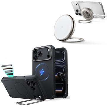 iPhone 18 Pro Max Cyber Tough Magnetic Case with Camera Control and Flex Stand, Plus Cyclone 25W Magnetic Charging Pad Bundle - Black