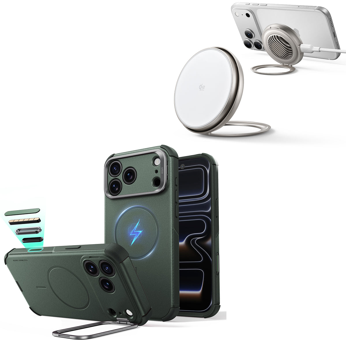 iPhone 18 Pro Max Cyber Tough Magnetic Case with Camera Control and Flex Stand, Plus Cyclone 25W Magnetic Charging Pad Bundle - Olive Green