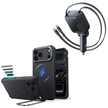 iPhone 18 Pro Max Cyber Tough Magnetic Case with Camera Control and Flex Stand, Plus Xtend 100W Retractable Car Charger Bundle - Black