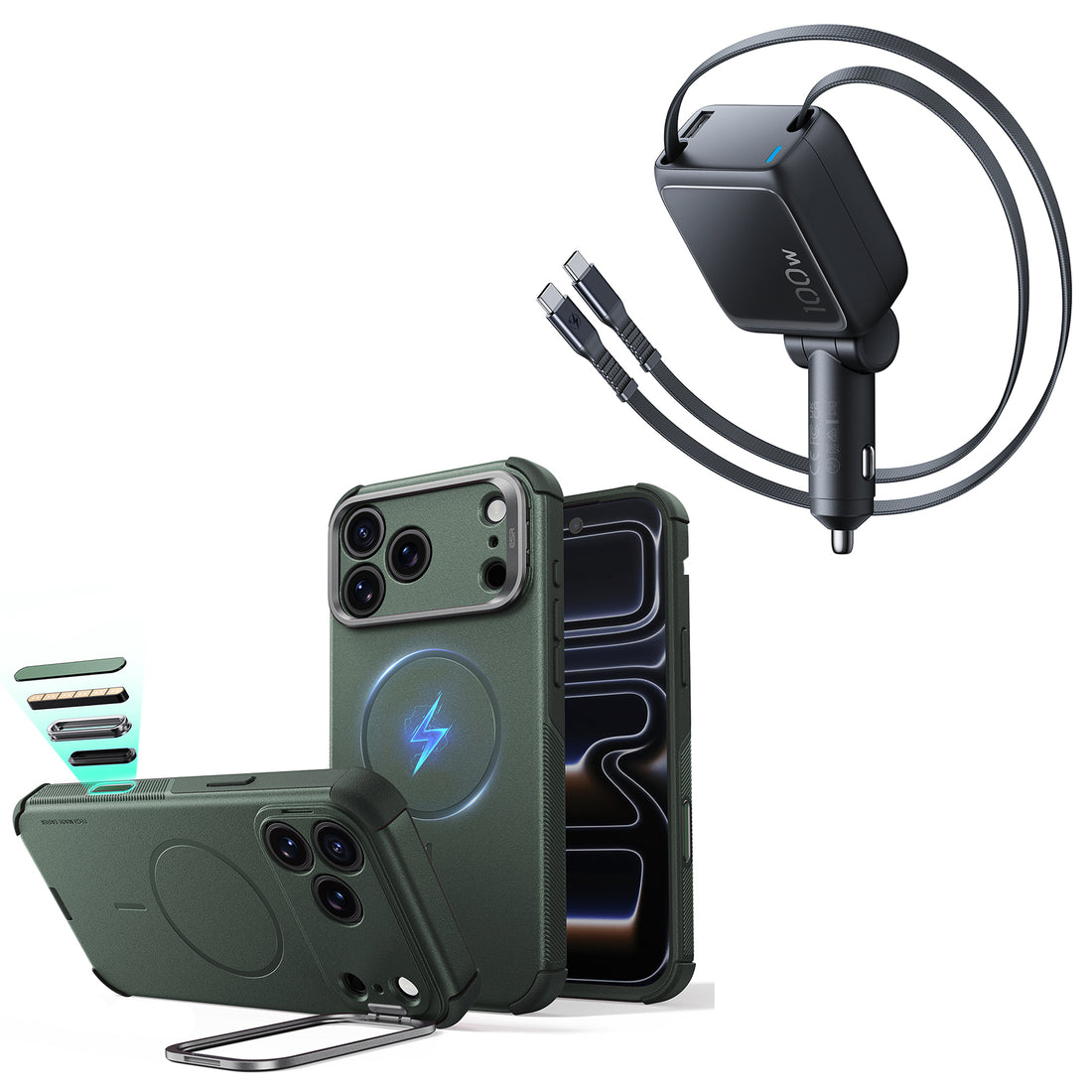 iPhone 18 Pro Max Cyber Tough Magnetic Case with Camera Control and Flex Stand, Plus Xtend 100W Retractable Car Charger Bundle - Olive Green