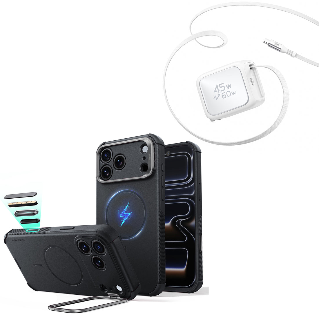 iPhone 18 Pro Max Cyber Tough Magnetic Case with Camera Control and Flex Stand, Plus Xtend 45W Retractable Charger Bundle - Black