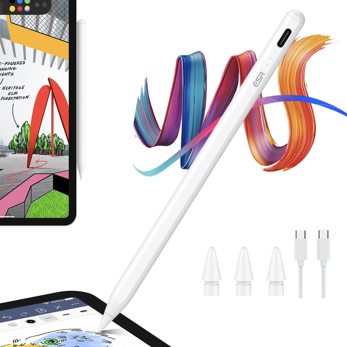 White Precision Digital Pencil for iPad Air, Pro, Mini - ESR Synthetic Nib
